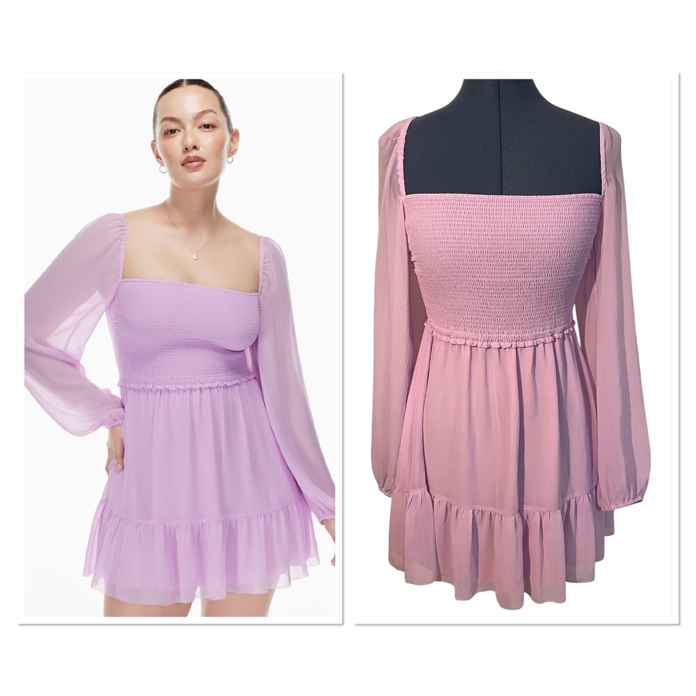 Wilfred Aritzia Tempest Purple Smocked Chiffon Mini Dress Sheer Puff Sleeve M
